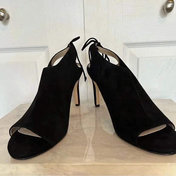 Cole Haan Emmett Bootie Black Suede Tie Ankle Open Toe Heel Size 9.5 B - Picture 4 of 11